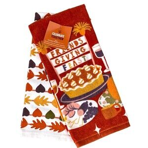Friendsgiving Feast Kitchen Towel Set of 2 Pies Leaves Fall Autumn Thanksgiving